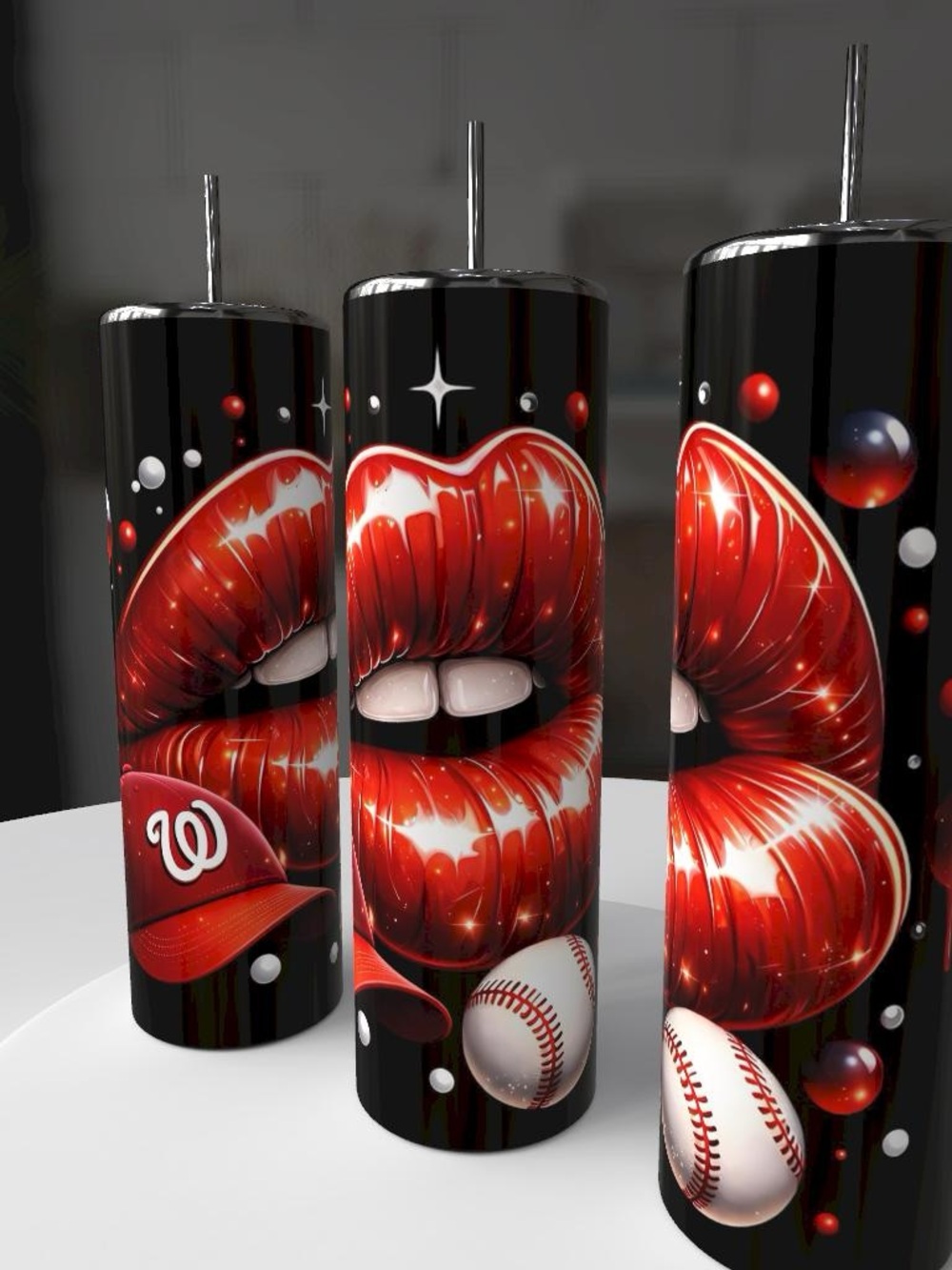 Insulated Black Tumbler with Red Lip and Baseball Design